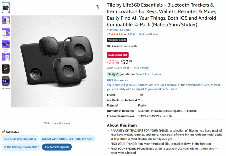 Screenshot of Amazon page for Tile trackers discounted for Black Friday