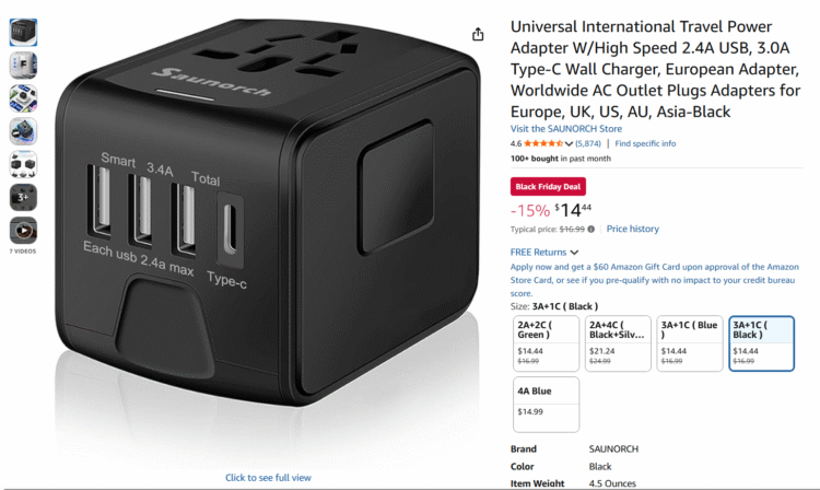Screenshot of Amazon page for travel adapters discounted for Black Friday