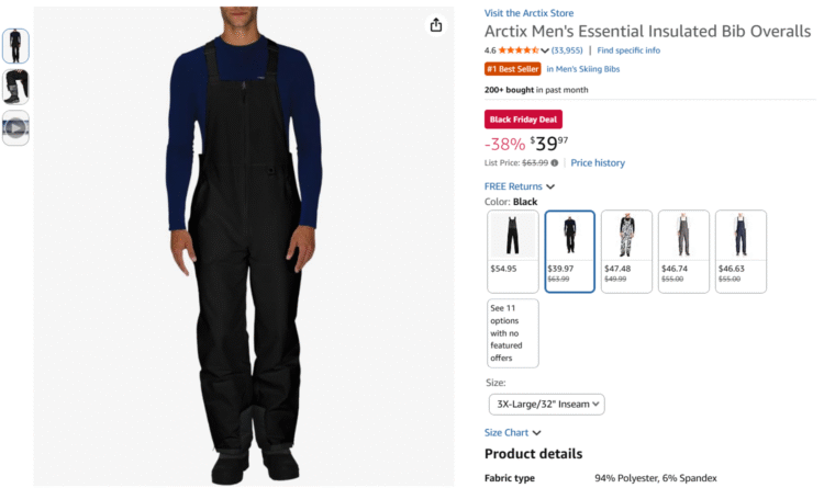 Screenshot of Amazon ski bib discounted for Black Friday Deals