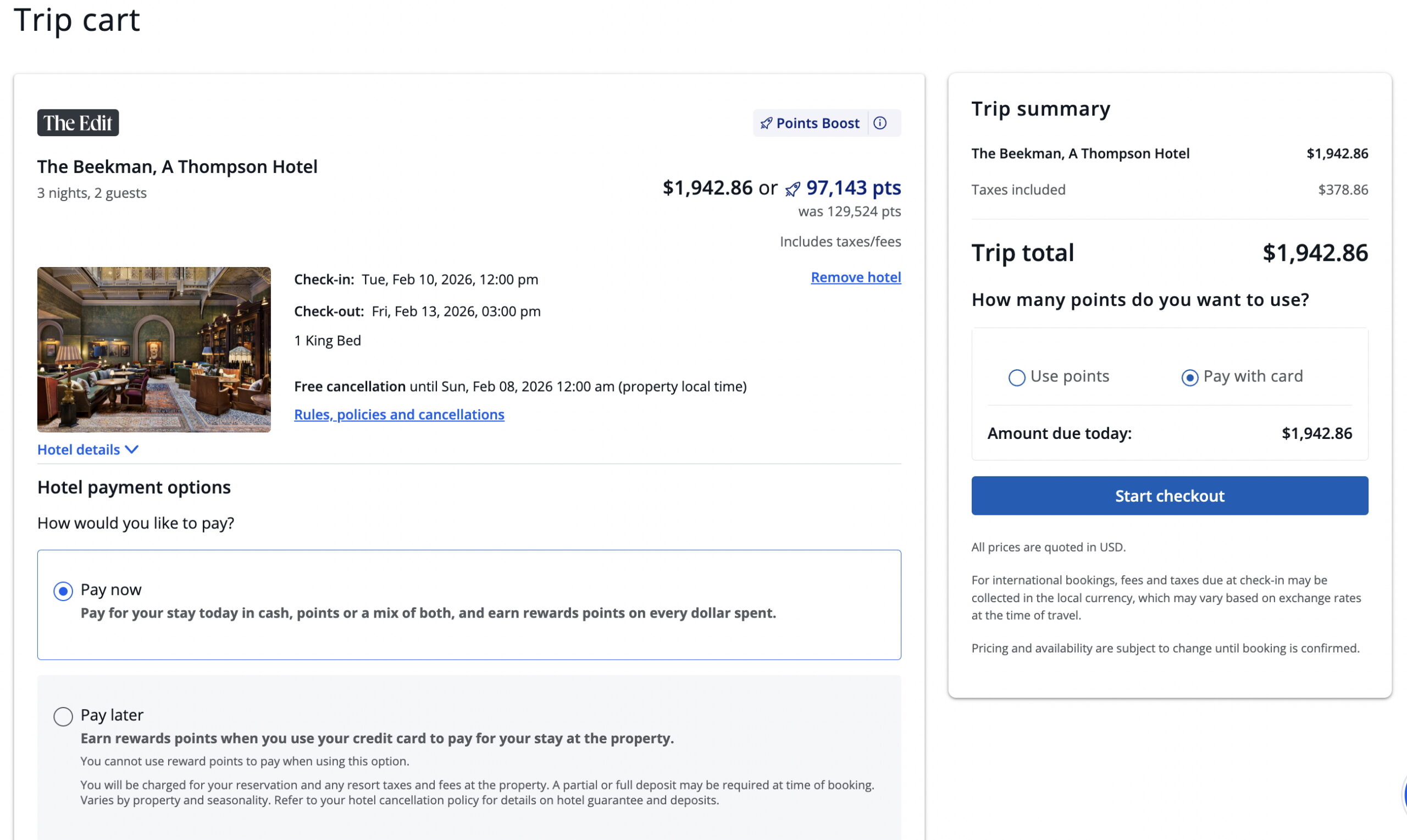 Screenshot from Chase travel showing checkout options