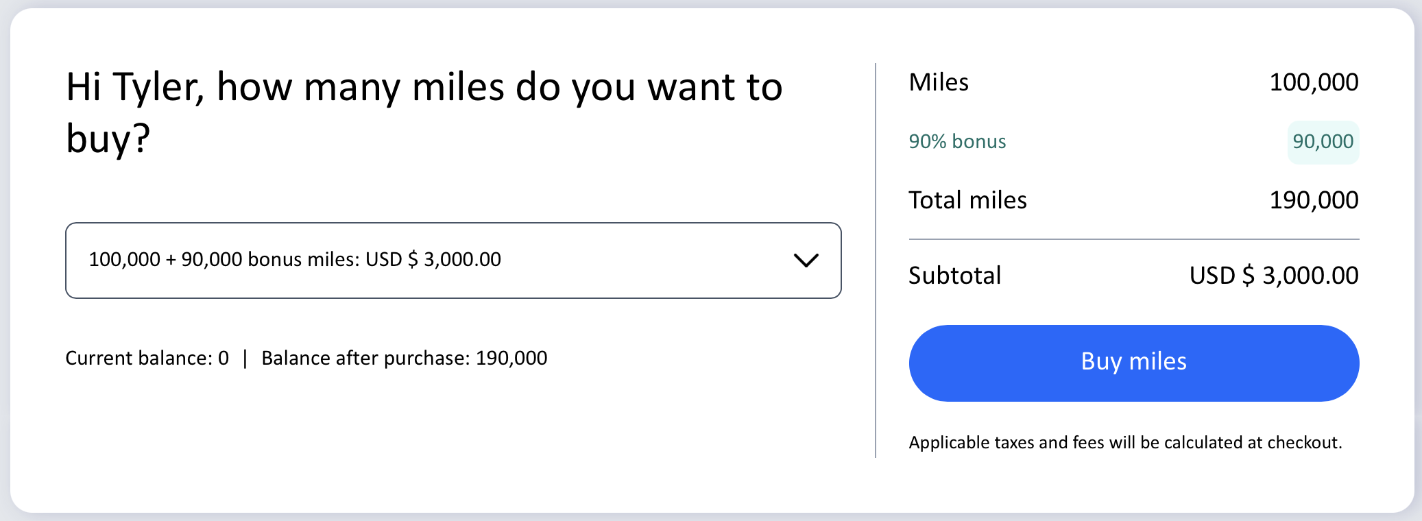 Copa Airlines buy miles promo receipt.