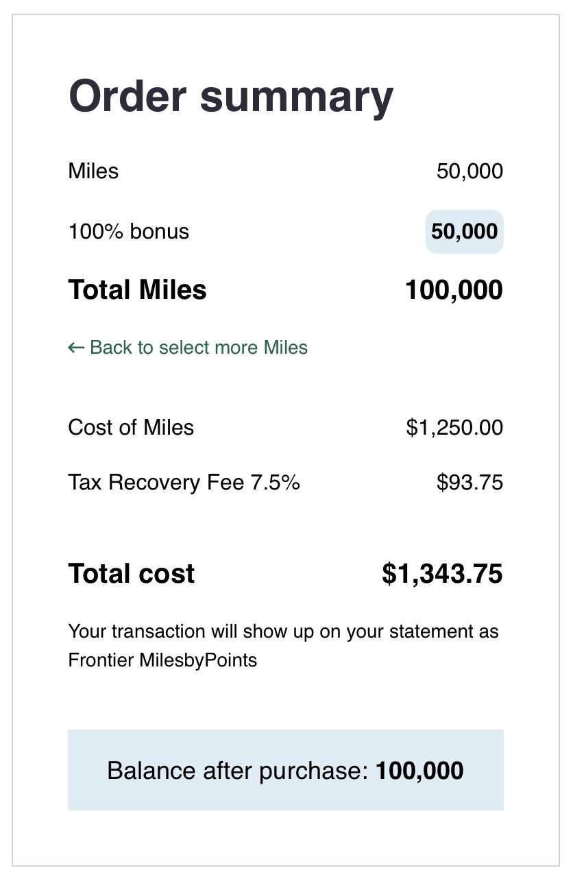 Frontier Airlines buy miles receipt.
