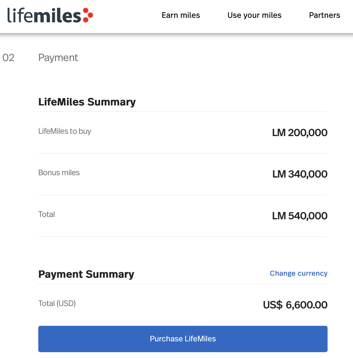 LifeMiles buy points selector.