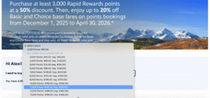 Screenshot of buy Southwest points 50% discount banner