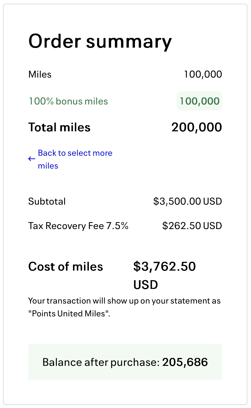 Buy United miles with up to a 100% bonus promo receipt.
