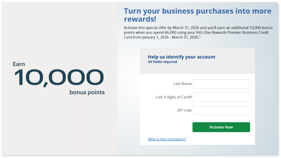 Screenshot of Chase promotion for IHG Business cardholders to earn 10,000 bonus points