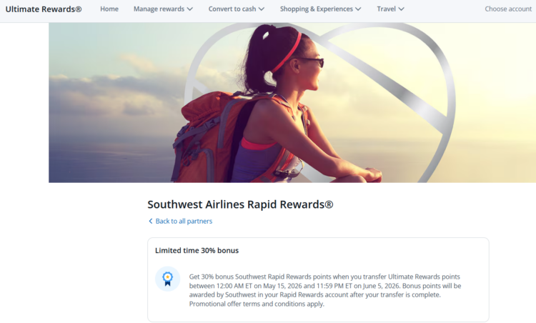 Details of Chase Ultimate Rewards transfer bonus to Southwest Rapid Rewards