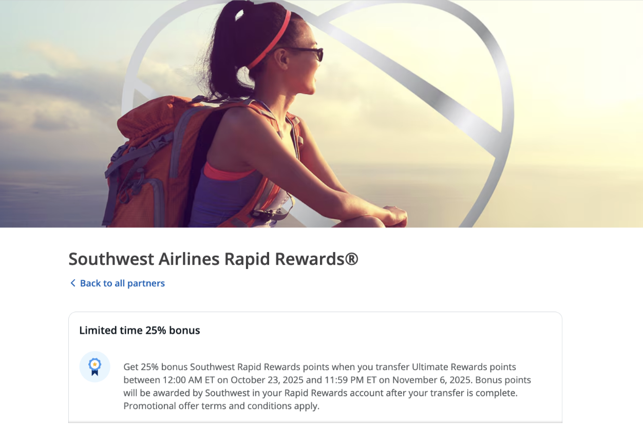 Chase 25% transfer bonus to Southwest.