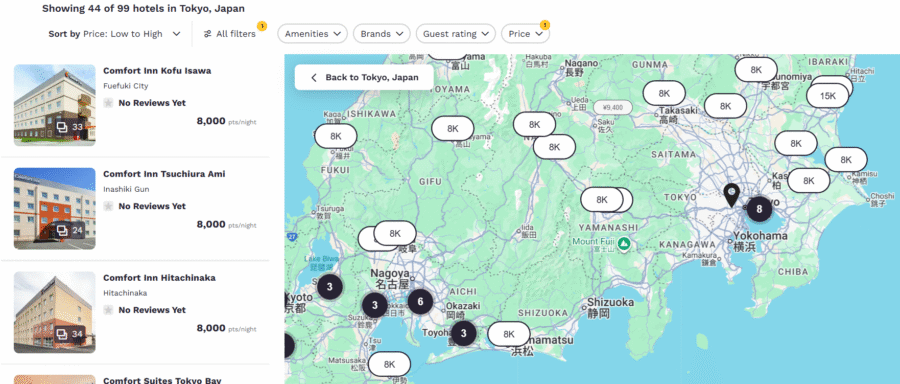 Map showing Choice Hotels properties in Japan for 8000 points per night.