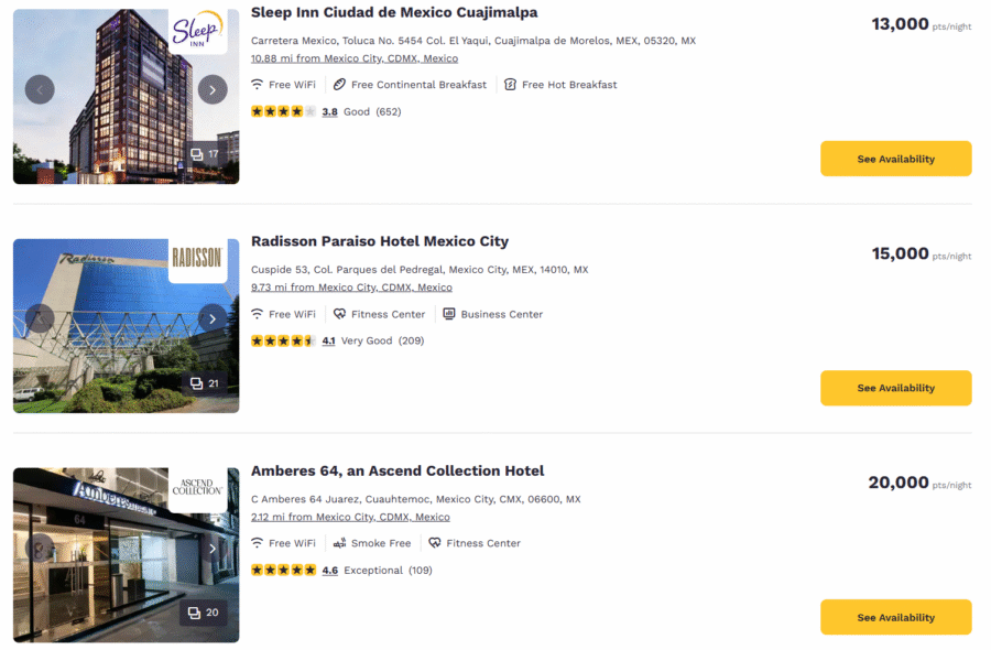 Screenshot of Choice hotel pricing in Mexico City