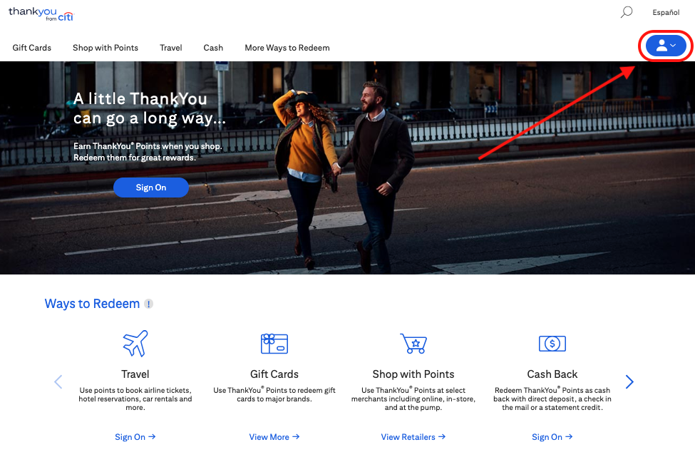 Citi ThankYou account options to redeem points for travel, gift cards, online purchases or cash back