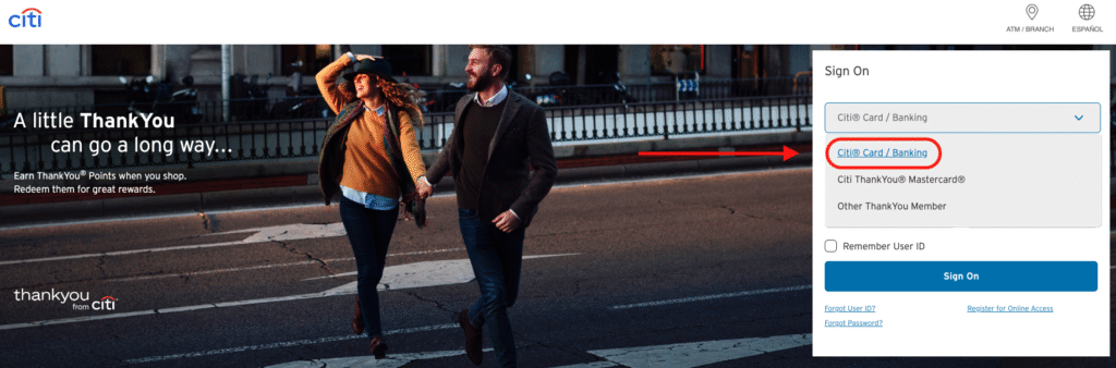 Citi account login screen