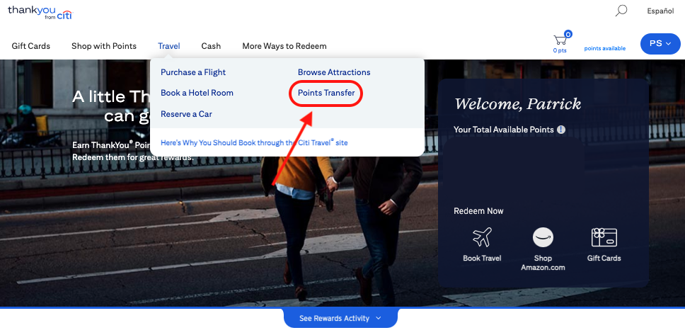 Finding the points transfer option in your Citi ThankYou account. 