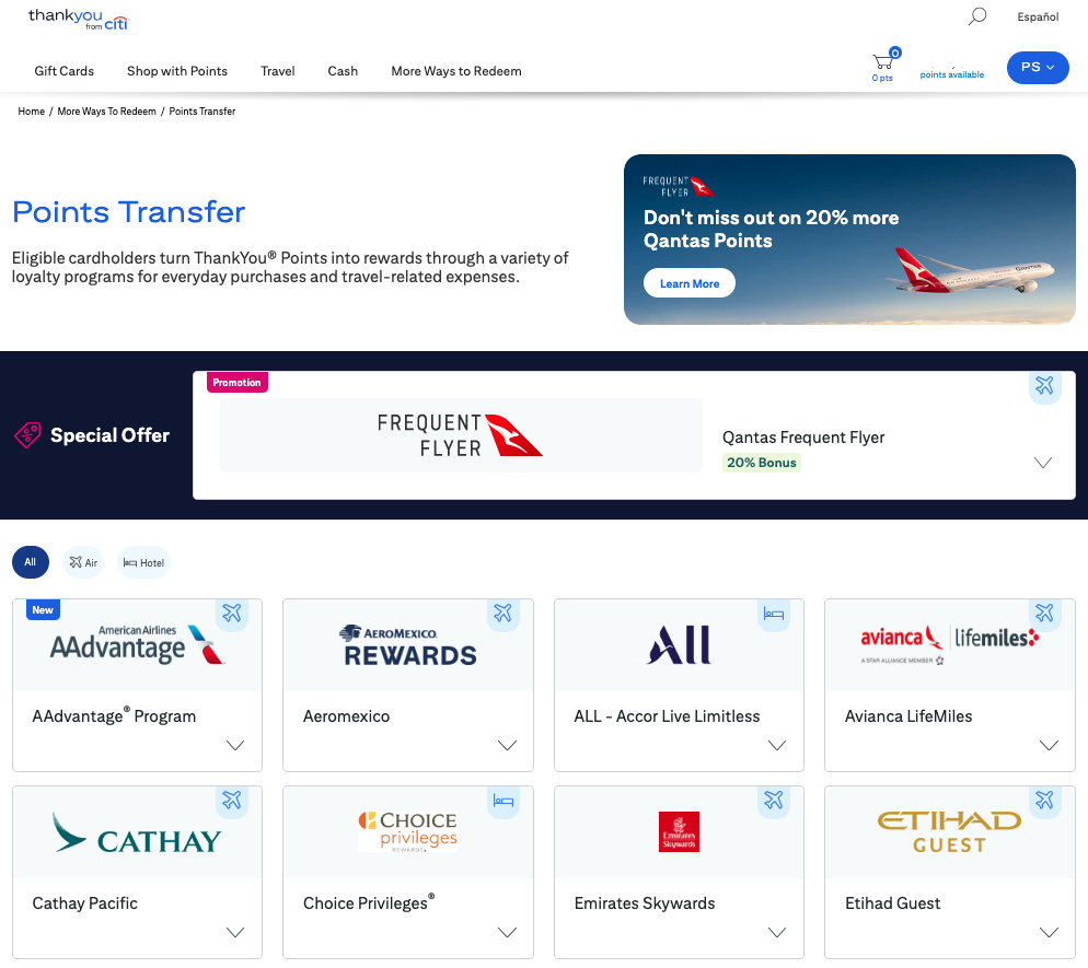 Citi ThankYou airline transfer partners 