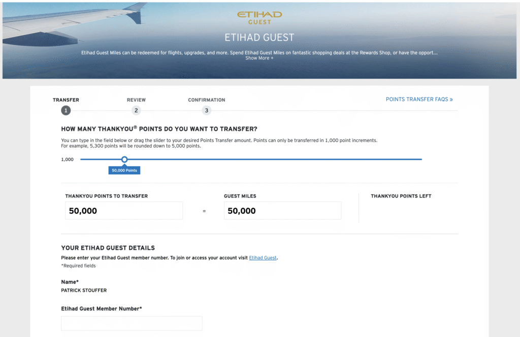 Transferring Citi ThankYou points to Etihad Guest