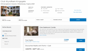 Screenshot of Wyndham Rewards pricing for Club Wyndham Kingsgateat 7500 points