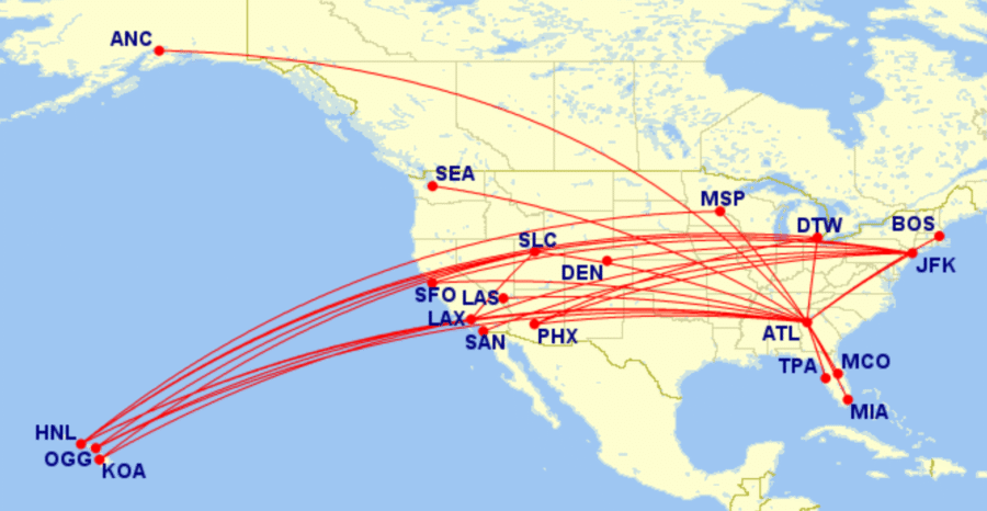 Map of all Delta domestic lay-flat routes for December 2025