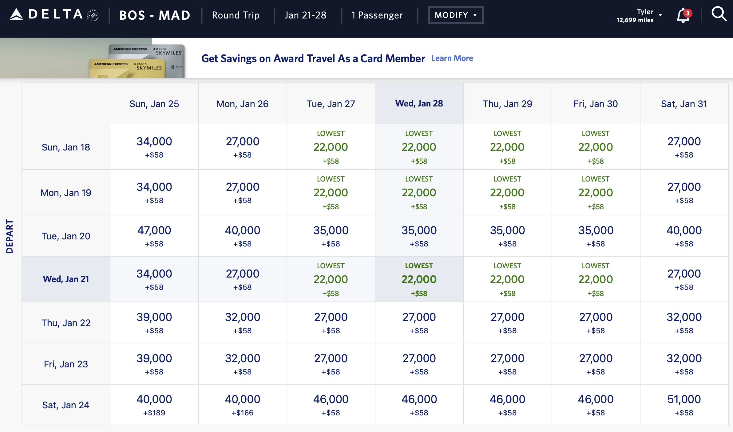 Delta round-trip awards from BOS to MAD.