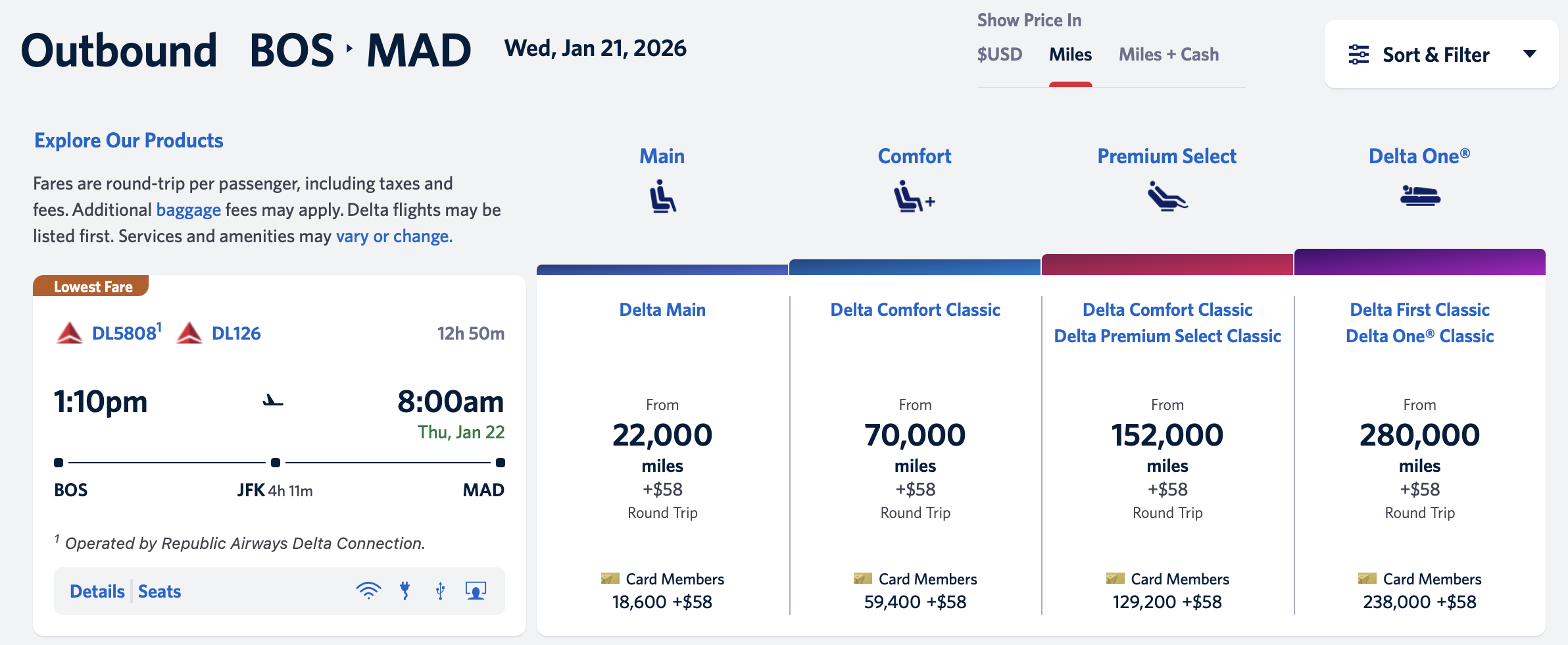 Delta round-trip award from BOS to MAD.