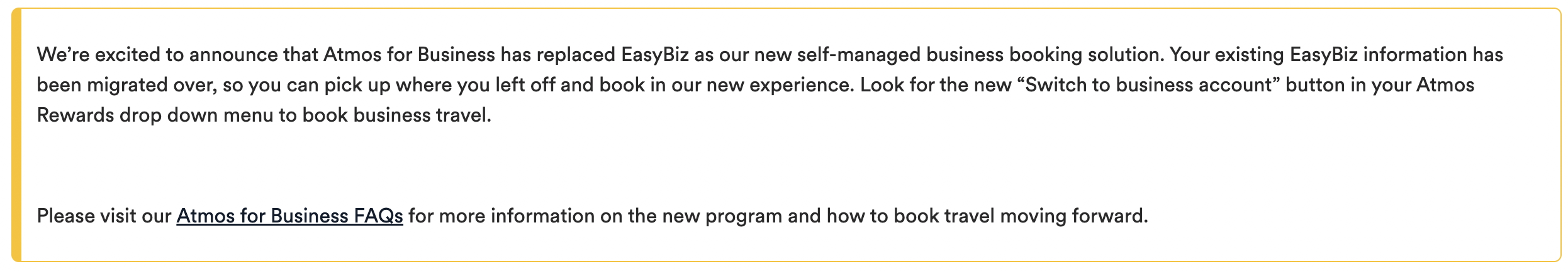 Screenshot from the Atmos Rewards website explaining EasyBiz has transitioned to Atmos for Business