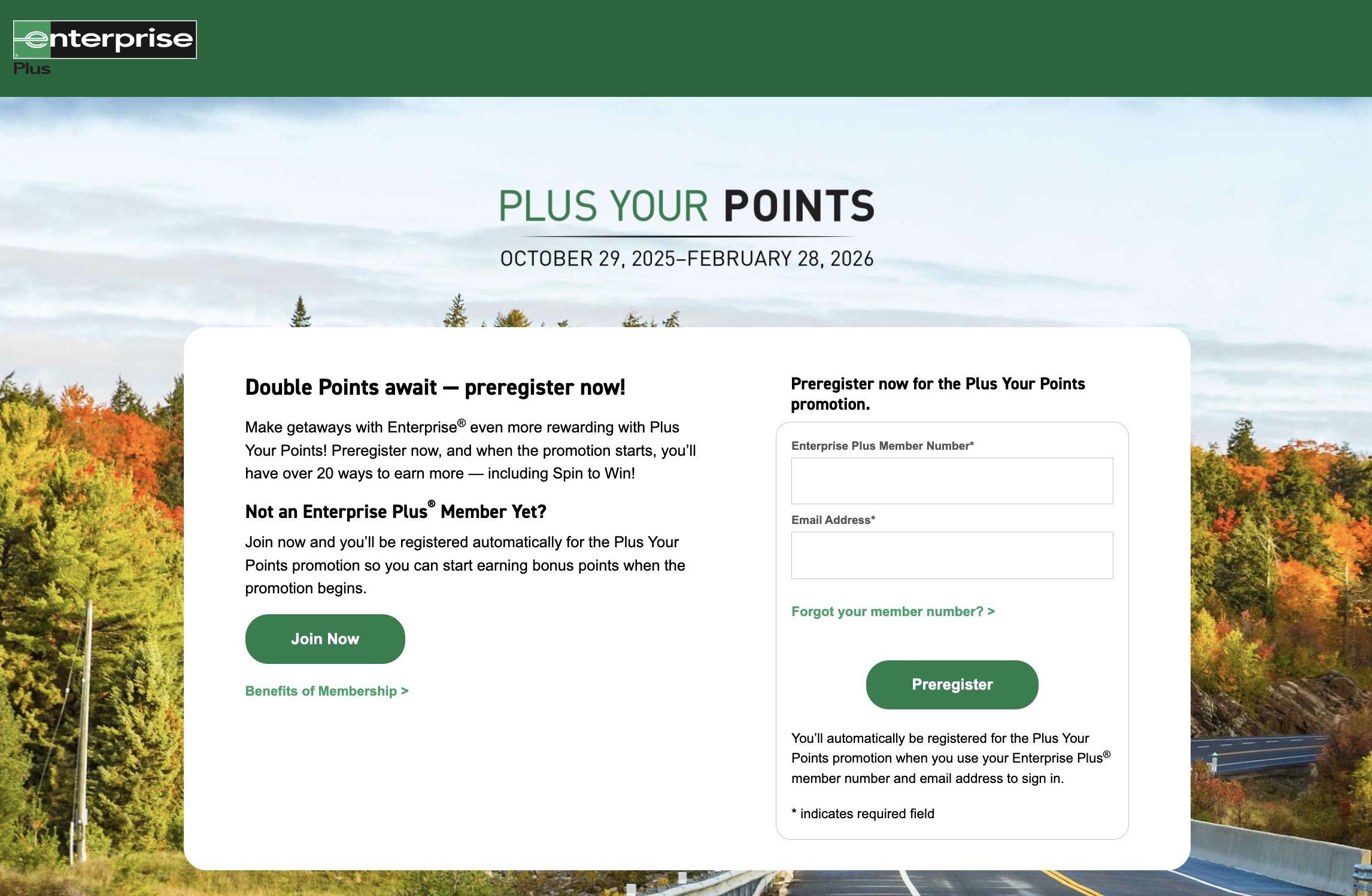 Enterprise Plus Your Points Registration screen.