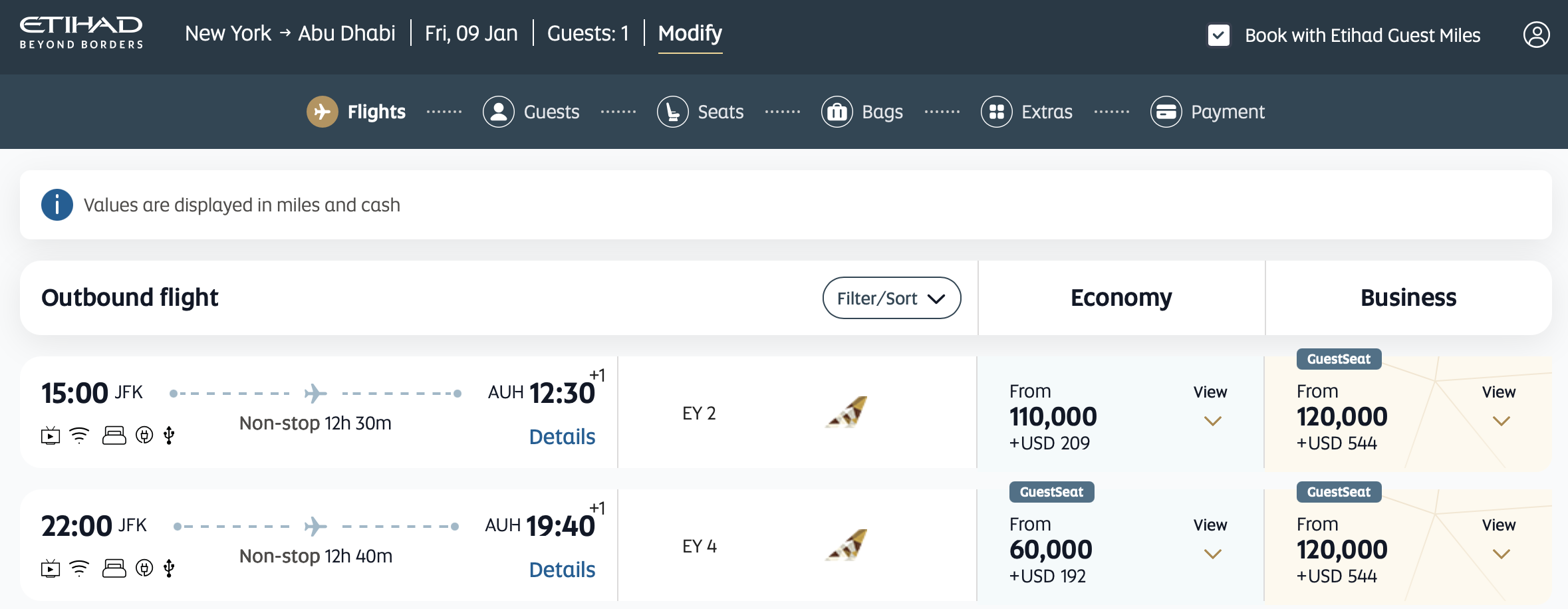 Etihad redemptions between JFK and AUH.