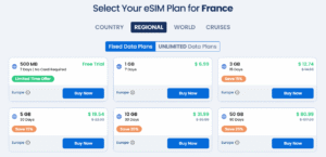 Screenshot of Gigsky eSIM options for France