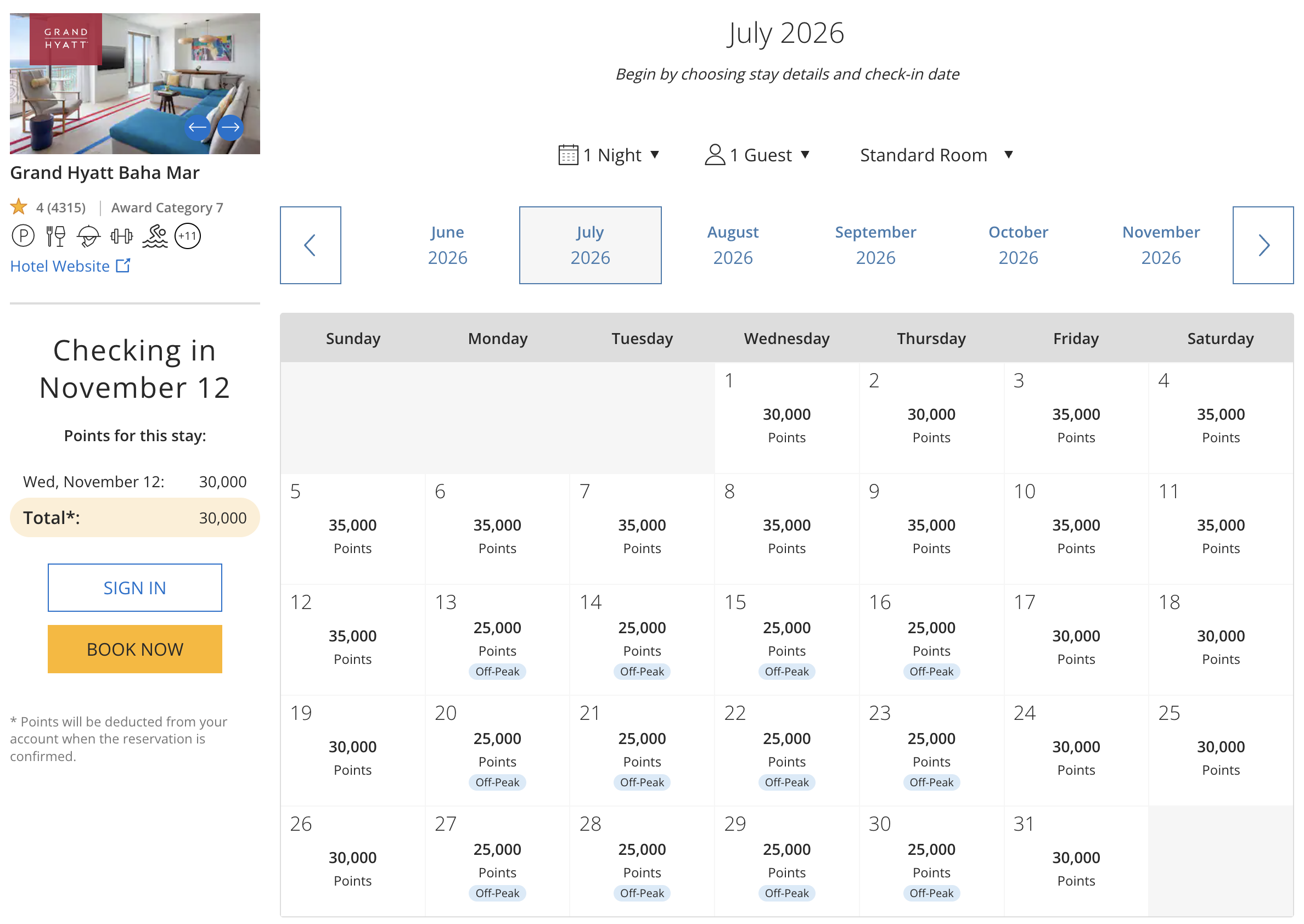 Award availability at the Grand Hyatt Baha Mar.