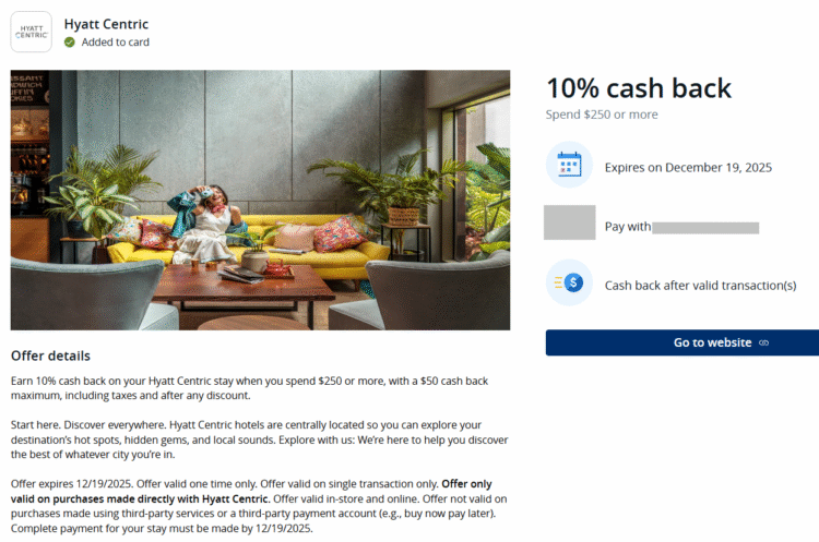 Screenshot of Chase Offers for Hyatt Centric