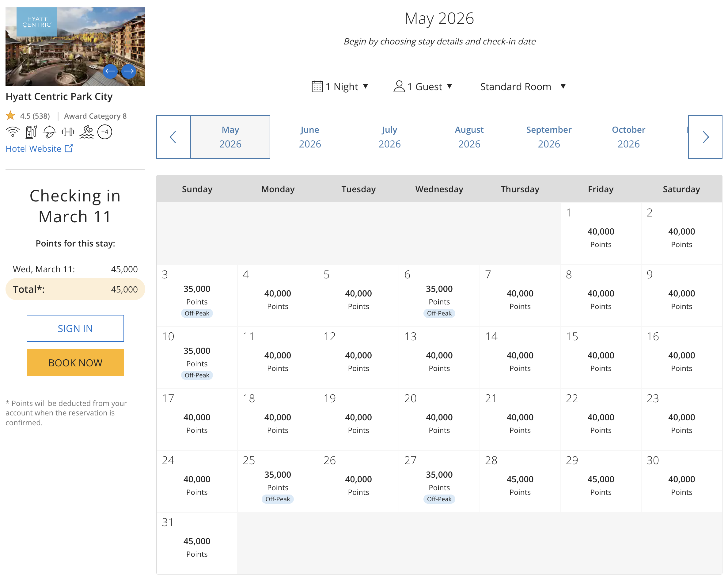 Award availability at the Hyatt Centric Park City
