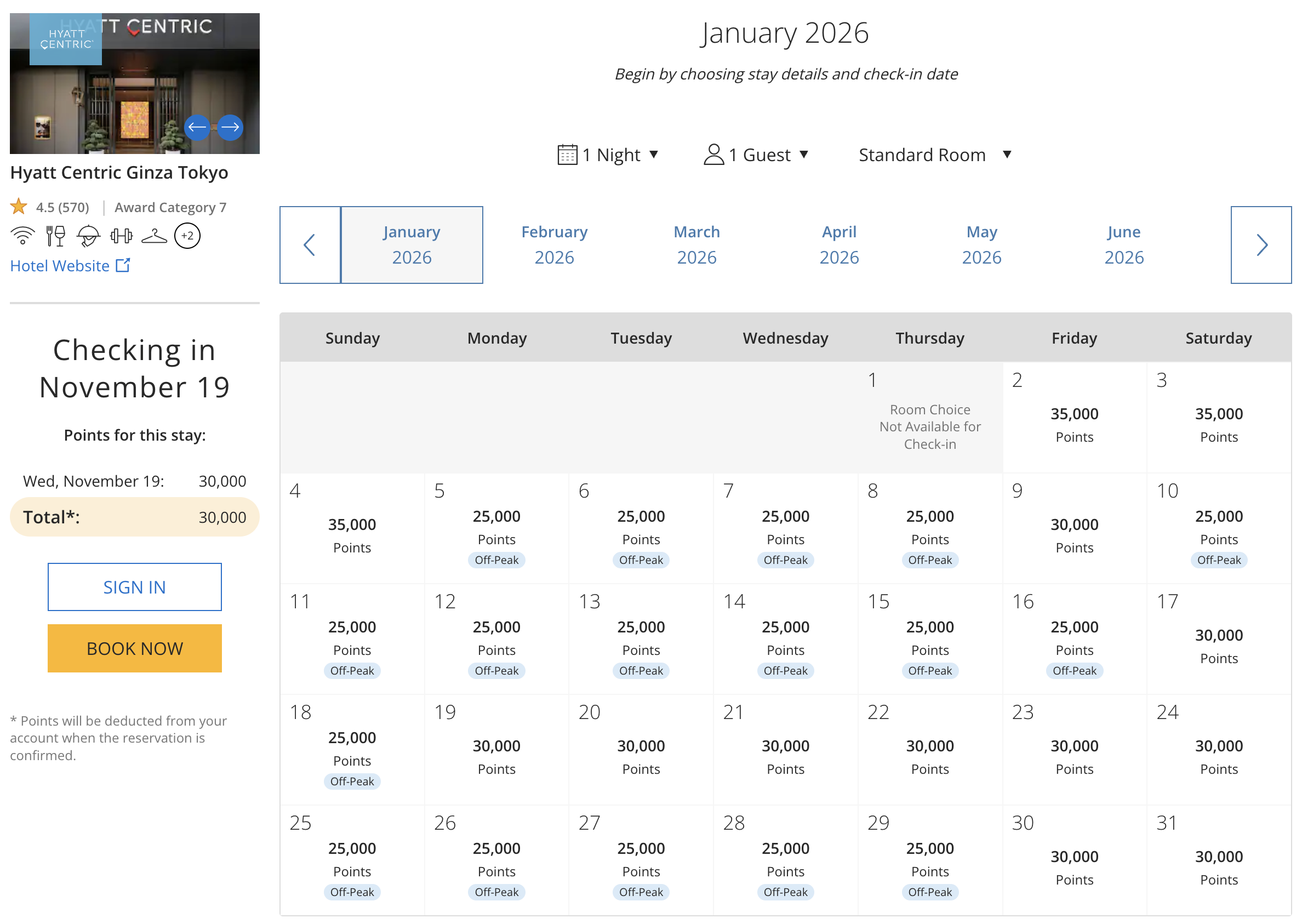 Award availability at the Hyatt Centric Ginza Tokyo