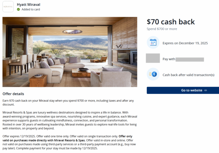 Screenshot of Chase Offers for Hyatt Miraval