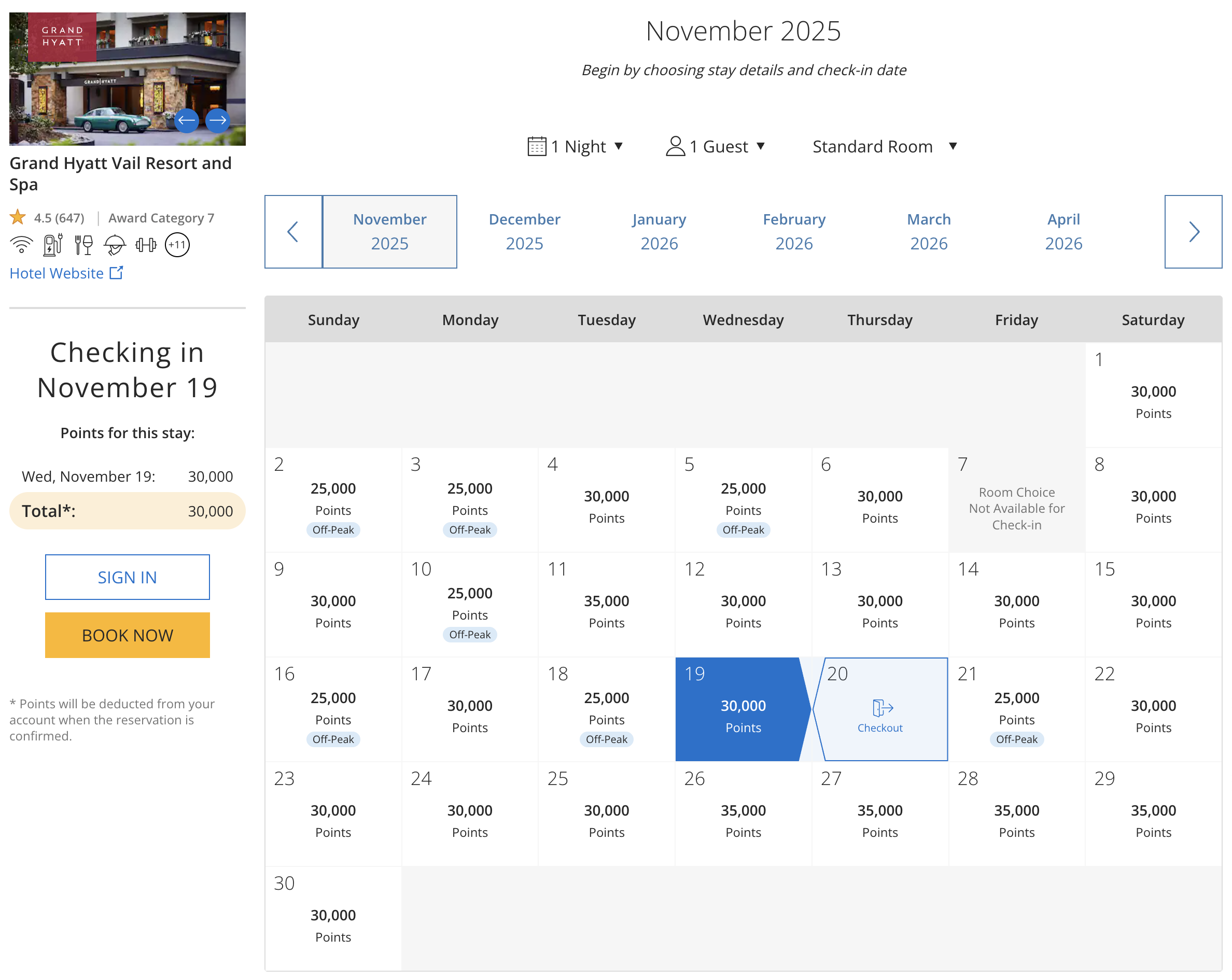 Award availability at the Grand Hyatt Vail.