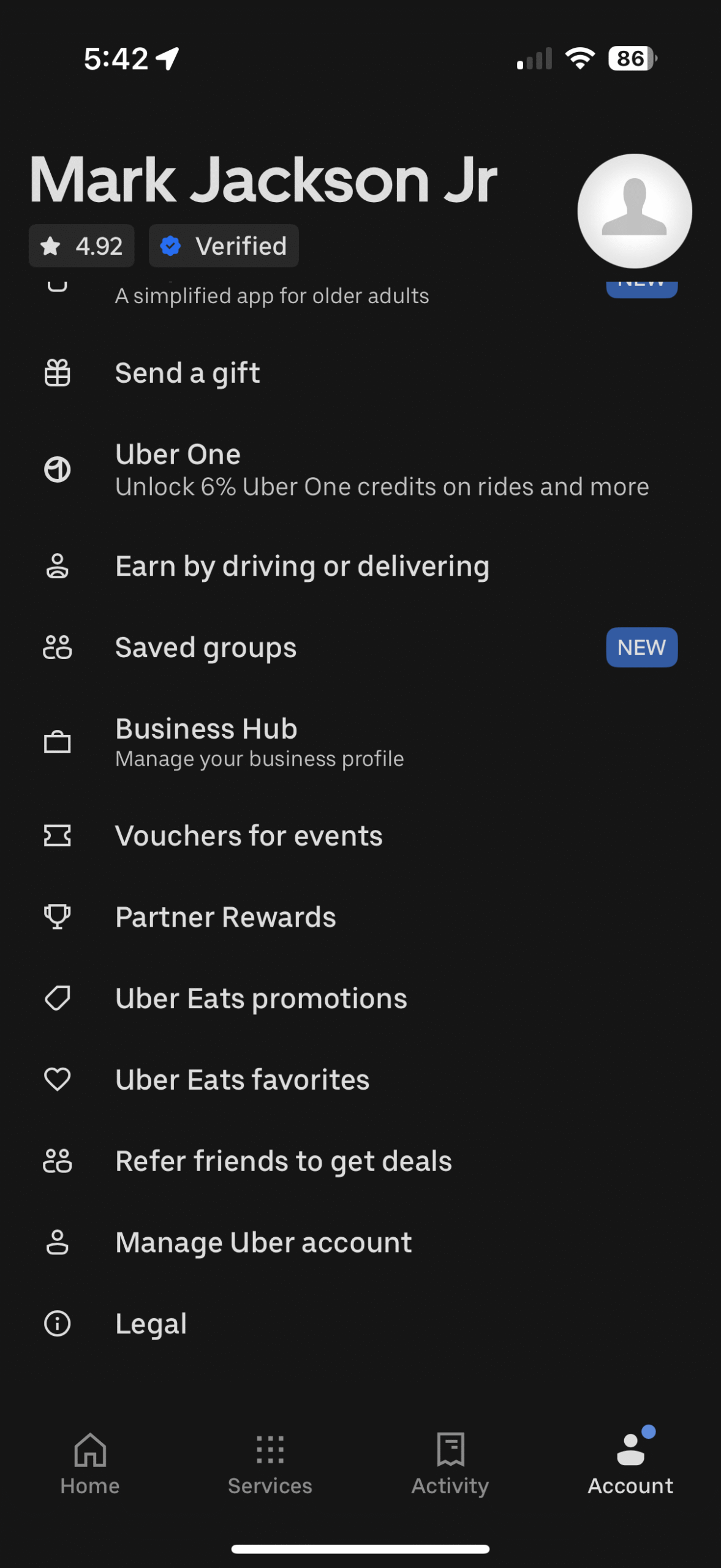 Uber app menu