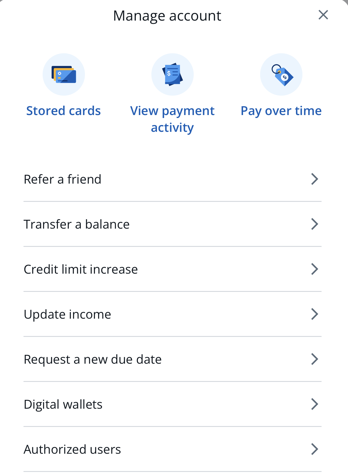 screenshot of Chase card management in the mobile app