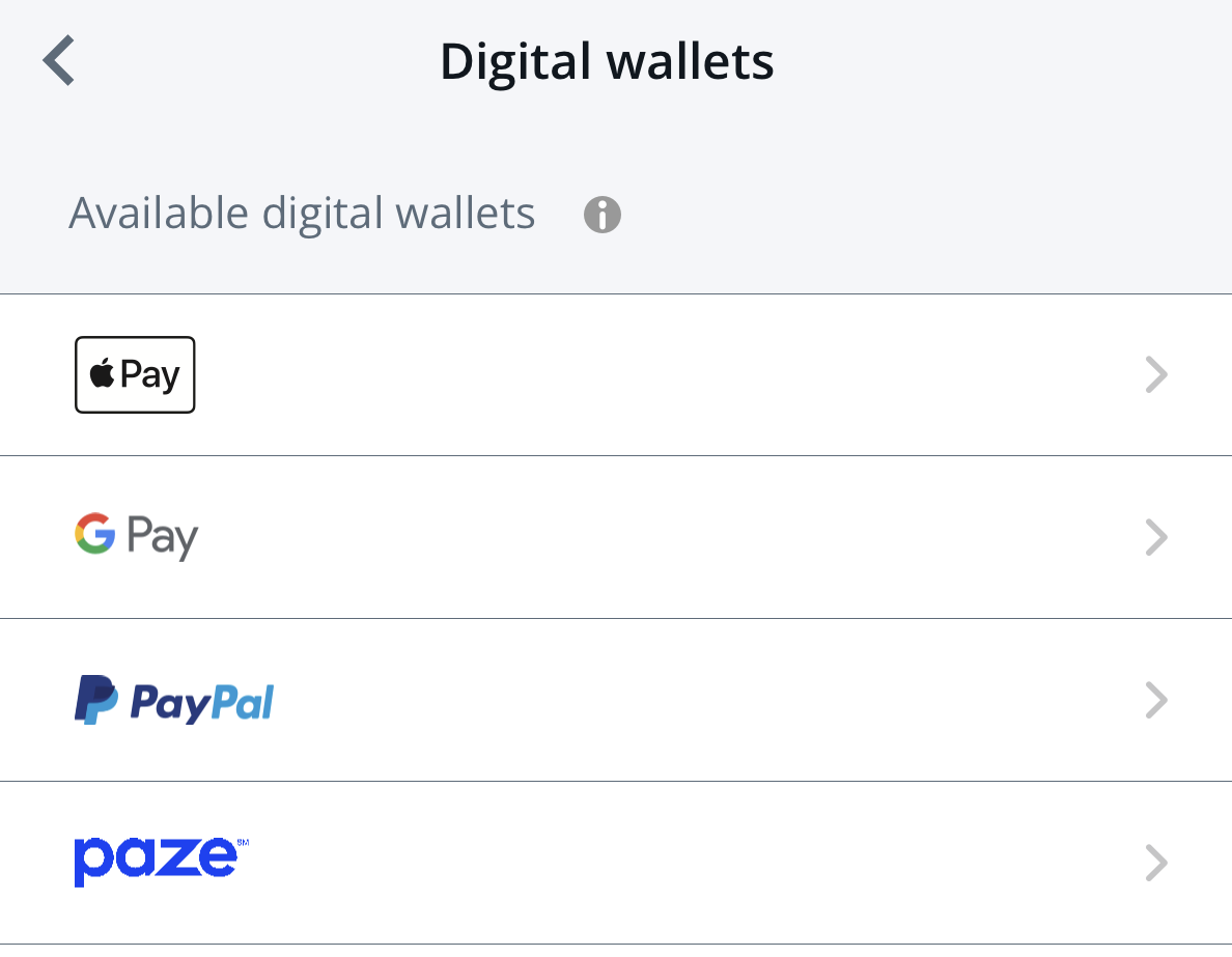 Digital wallets available in the Chase mobile app