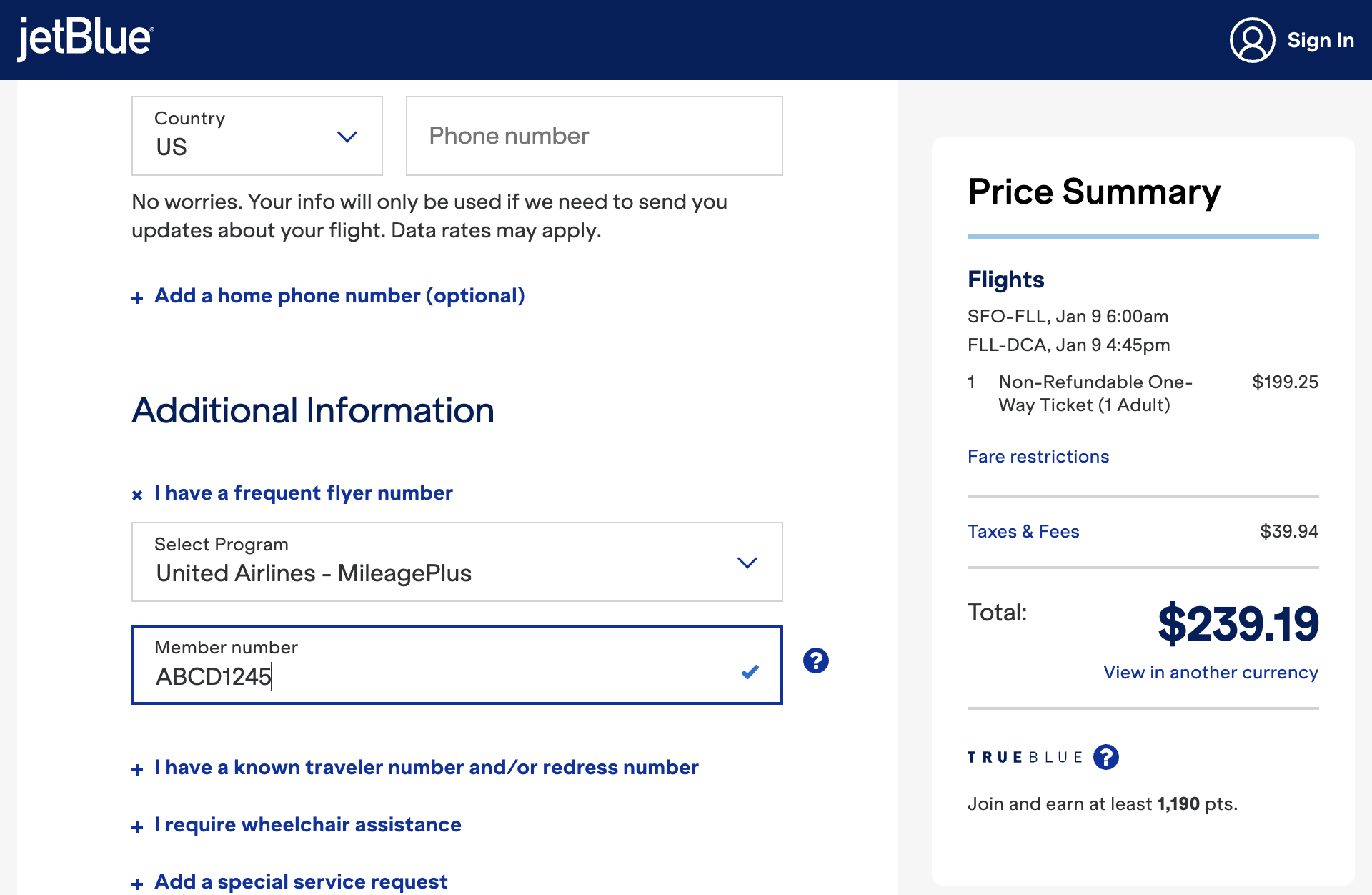 JetBlue flight booking process.