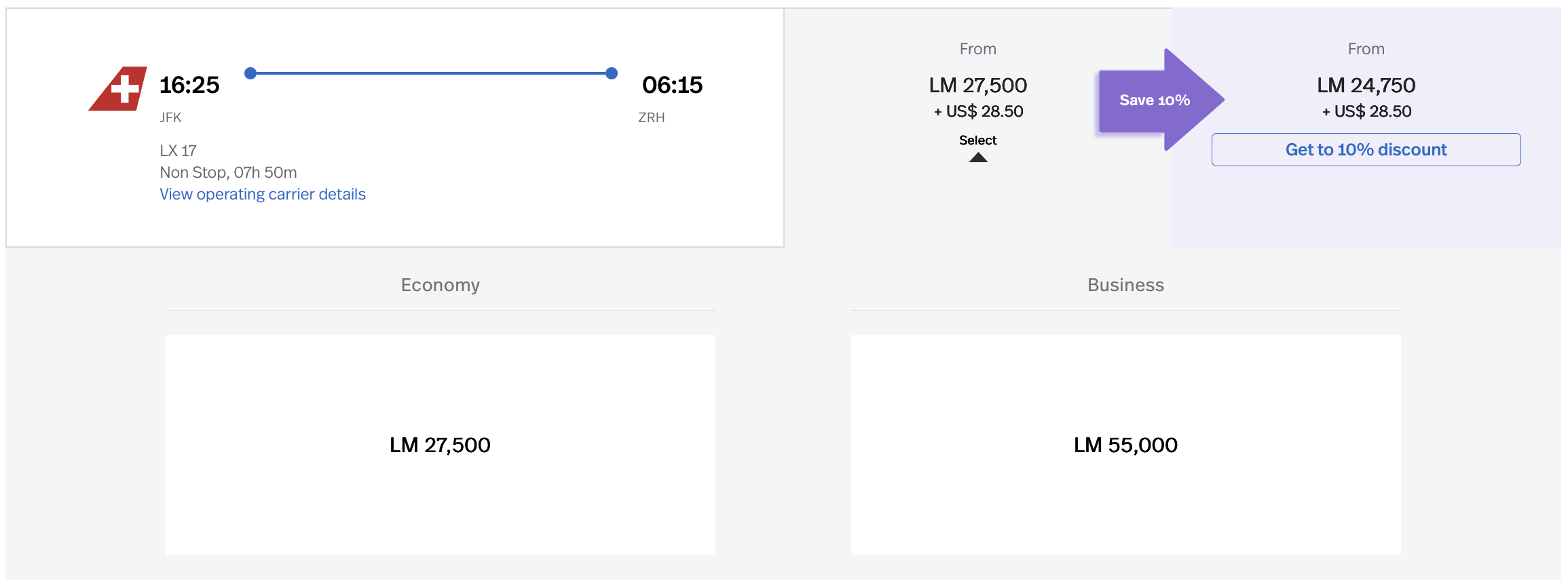 SWISS business class award from JFK to ZRH via LifeMiles.