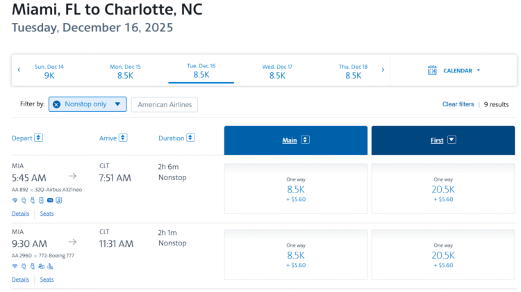 Screenshot showing AAdvantage award search results from Miami to Charlotte in lay-flat first class using AAdvantage miles