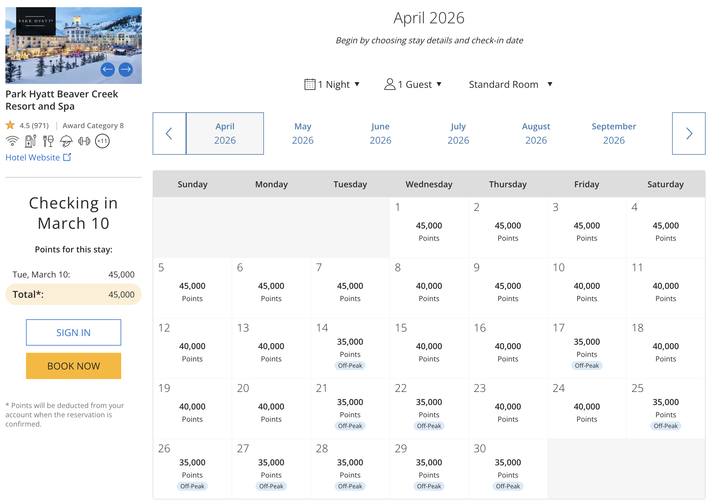 Award availability at the Park Hyatt Beaver Creek Resort and Spa