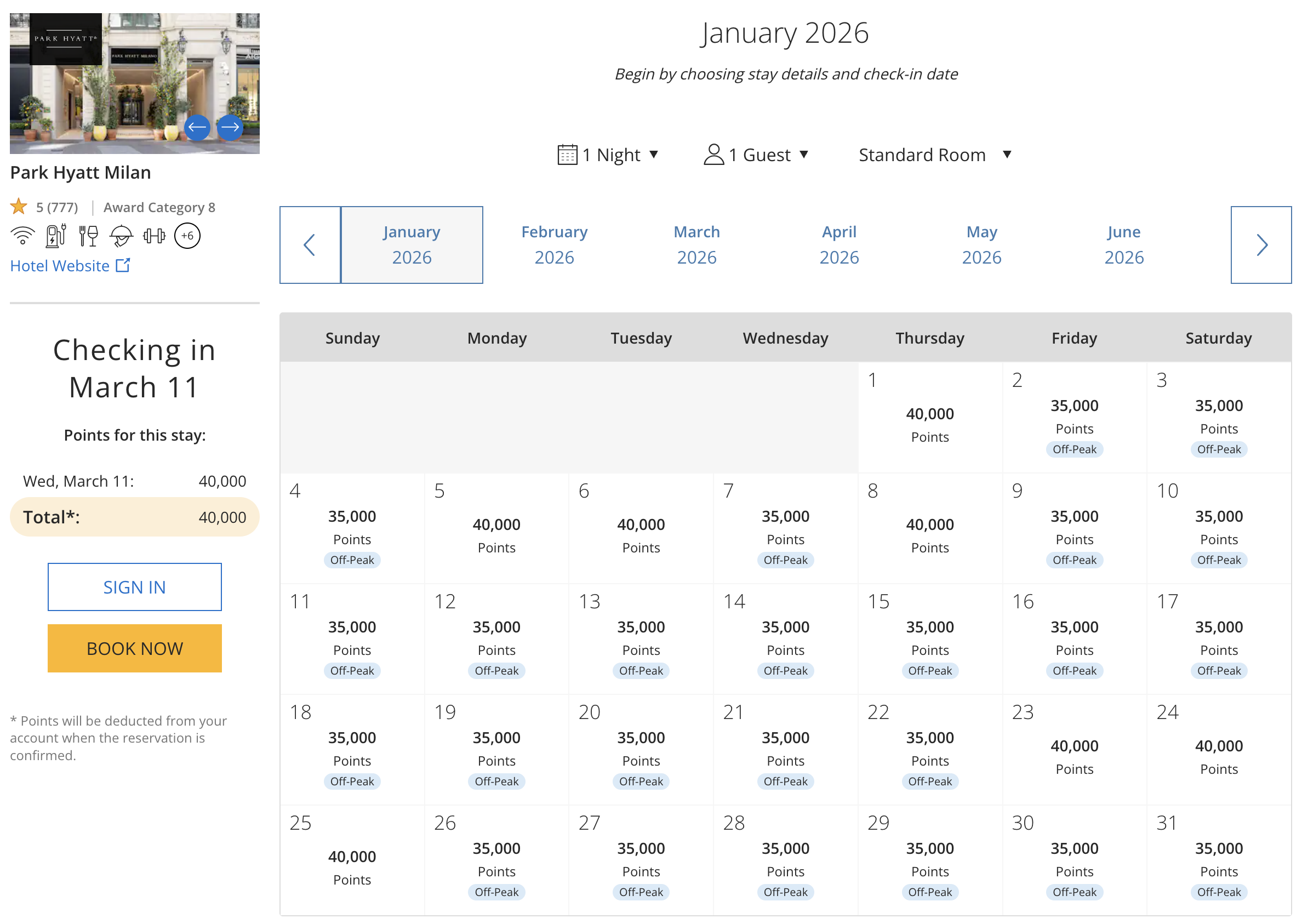 Award availability at the Park Hyatt Milan.