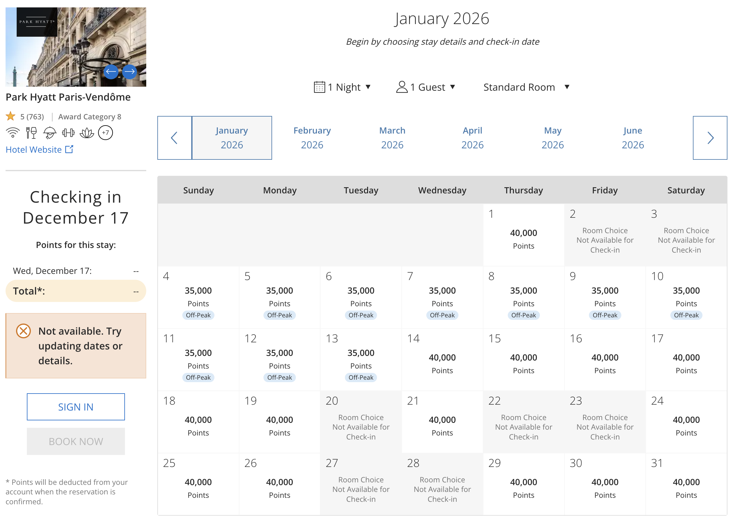 Award availability at the Park Hyatt Paris-Vendôme.