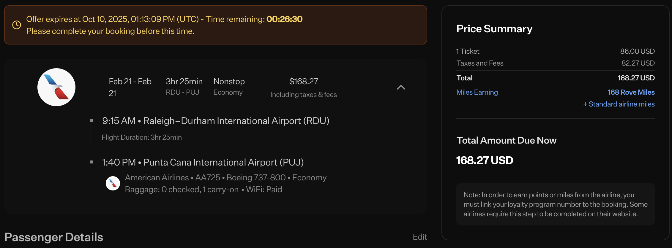 Rove Miles flight booking receipt for RDU to PUJ.