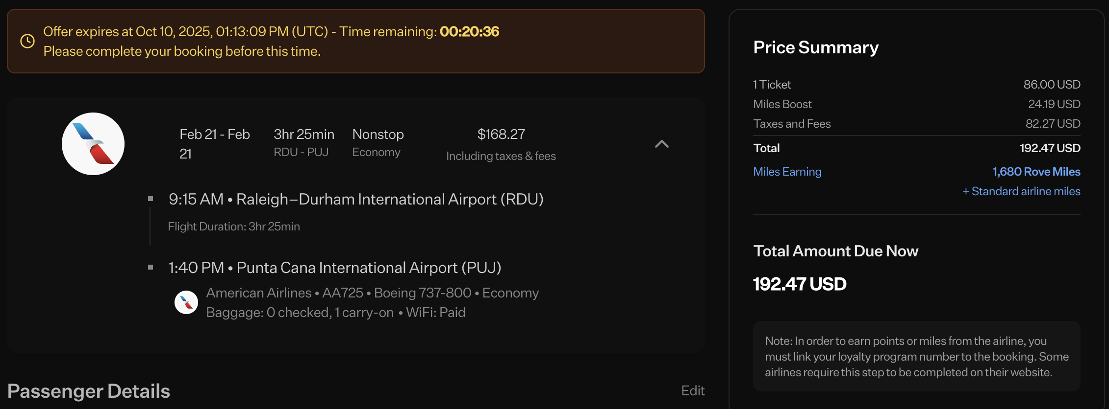 Rove Miles flight booking receipt for RDU to PUJ.