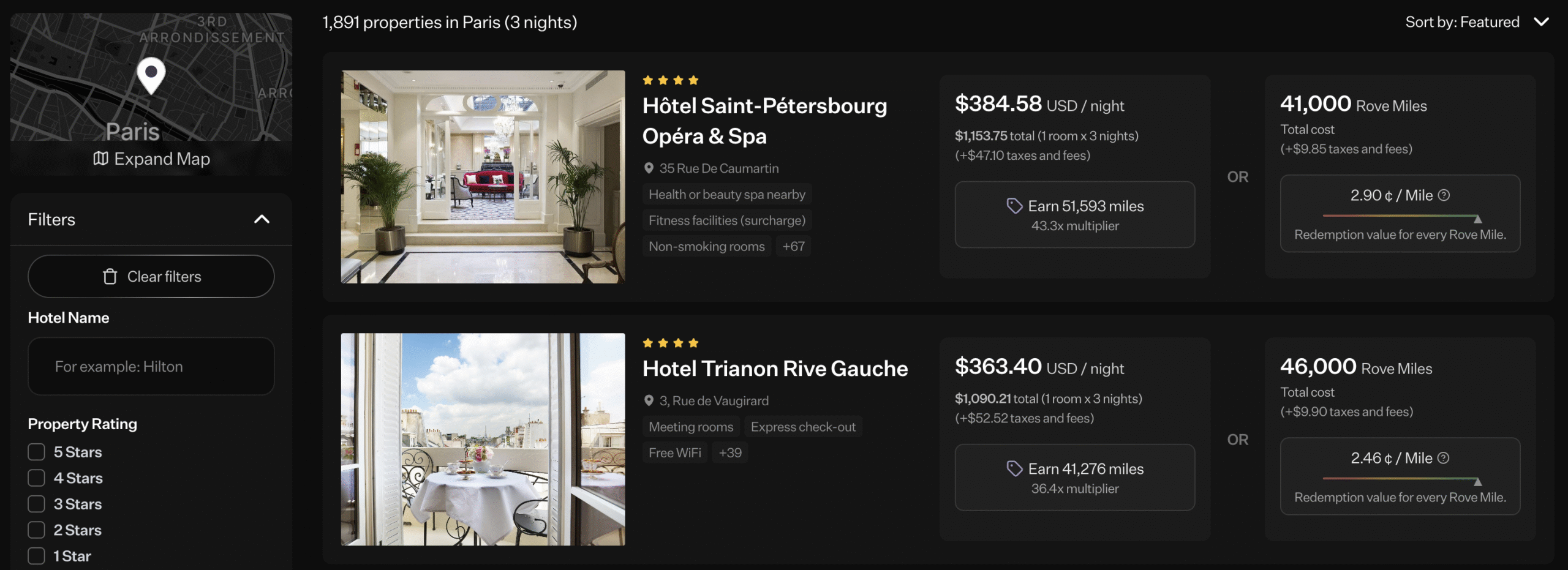 Rove Miles hotel bookings in Paris.