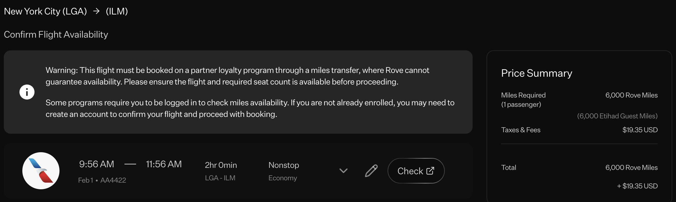 Rove Miles live award availability.