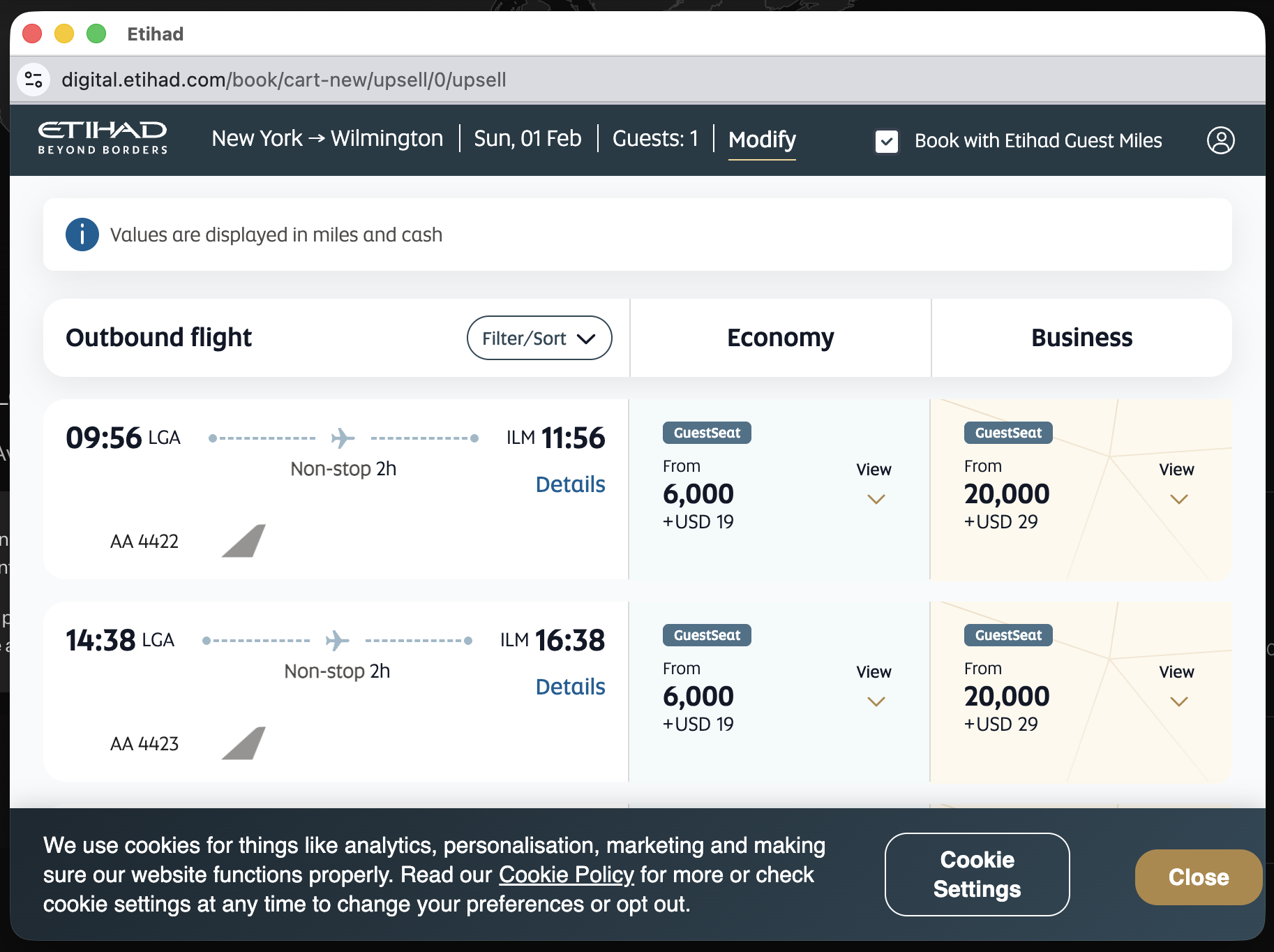 Rove Miles one-click award availability search on Etihad.