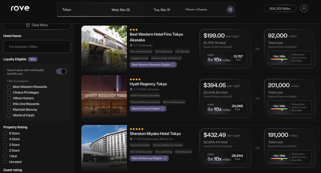 Loyalty eligible properties via Rove Miles.
