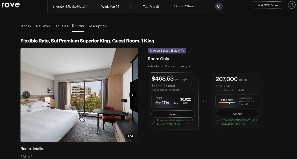 Loyalty eligible property via Rove Miles.
