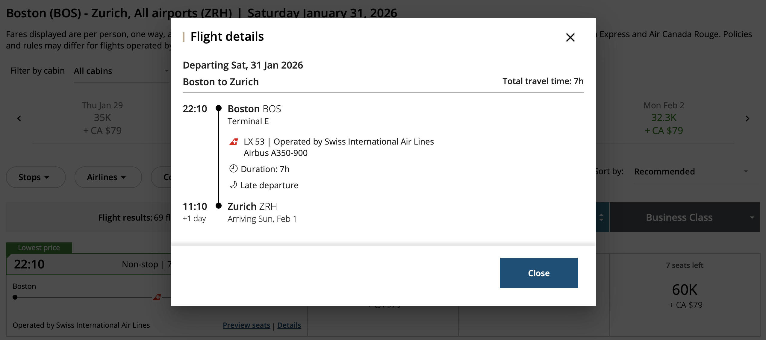 Air Canada award booking on the SWISS A350 from BOS to ZRH.
